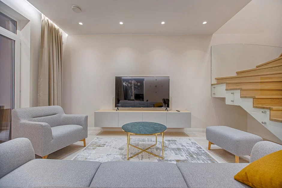 Salon moderne et minimaliste avec mobilier contemporain et éclairage chaleureux
